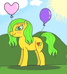 Size: 1997x2209 | Tagged: safe, artist:th3ph0b1ap0n3, derpibooru import, oc, oc:balloon heart, unofficial characters only, earth pony, pony, balloon, blushing, cloud, female, heart, heart balloon, image, looking at you, mare, mouth hold, png, solo, sun, that pony sure does love balloons