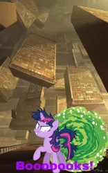 Size: 410x659 | Tagged: artist needed, source needed, safe, derpibooru import, twilight sparkle, pony, unicorn, book, bookshelf, dialogue, female, image, insanity, mare, messy mane, png, portal, raised hoof, rick and morty, shrunken pupils, smiling, text, that pony sure does love books, twilight snapple, unicorn twilight