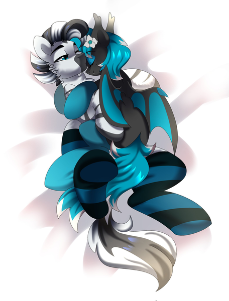 Size: 1556x2048 | Tagged: artist needed, source needed, safe, derpibooru import, oc, oc:zaltuga, bat, bat pony, zebra, bat pony oc, bat wings, clothes, image, kissing, png, sleeping, snug, socks, wholesome, wings, zebra oc