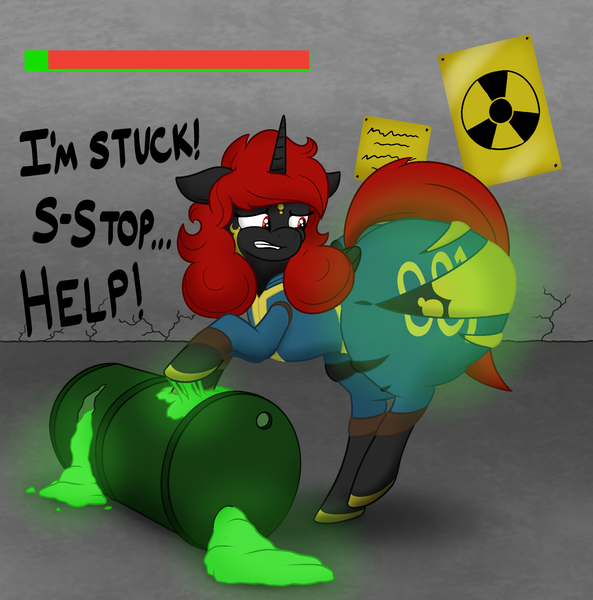 Size: 1791x1811 | Tagged: questionable, derpibooru import, oc, unofficial characters only, alicorn, fallout equestria, butt, butt expansion, clothes, glow, growth, huge butt, image, jumpsuit, large butt, png, radiation, simple background, stuck, tearing, text, vault suit, wardrobe malfunction