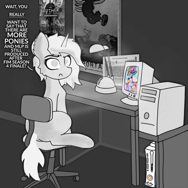 Size: 2838x2834 | Tagged: safe, artist:kotwitz, derpibooru import, oc, oc:aria taitava, unofficial characters only, pony, unicorn, my little pony: a new generation, 2011, bedroom, black and white, chair, computer, derpibooru exclusive, dialogue, ear fluff, g5, game, grayscale, image, lamp, monochrome, periodic table, png, portal, room, shocked, sitting, solo, text, the witcher, xbox