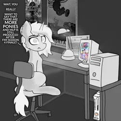 Size: 2838x2834 | Tagged: safe, artist:kotwitz, derpibooru import, oc, oc:aria taitava, unofficial characters only, pony, unicorn, my little pony: a new generation, 2011, bedroom, black and white, chair, computer, derpibooru exclusive, dialogue, ear fluff, g5, game, grayscale, image, lamp, monochrome, periodic table, png, portal, room, shocked, sitting, solo, text, the witcher, xbox