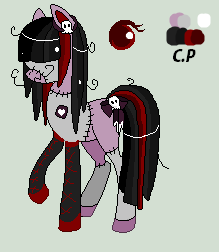 Size: 219x252 | Tagged: safe, artist:luckycloveradopts, derpibooru import, oc, oc:franken pony, unofficial characters only, earth pony, pony, bow, color palette, eye, female, frankenpony, frankenstein, frankenstein's monster, hair over eyes, heart, image, mare, png, raised hoof, reference sheet, skull, stitches, tail, tail bow, text