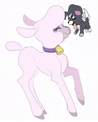 Size: 782x966 | Tagged: safe, artist:missdibujitos02, derpibooru import, dog, sheep, them's fightin' herds, bell, bell collar, cloven hooves, collar, community related, duo, eyes closed, female, image, jpeg, lamb, pom (tfh), puppy, simple background, smiling, white background