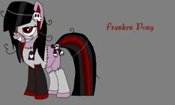 Size: 1024x615 | Tagged: safe, artist:ashlandrenee, derpibooru import, oc, oc:franken pony, unofficial characters only, earth pony, pony, boots, bow, clothes, female, frankenpony, frankenstein, frankenstein's monster, gray background, heart, image, mare, png, shoes, simple background, skull, smiling, stitches, tail, tail bow, text