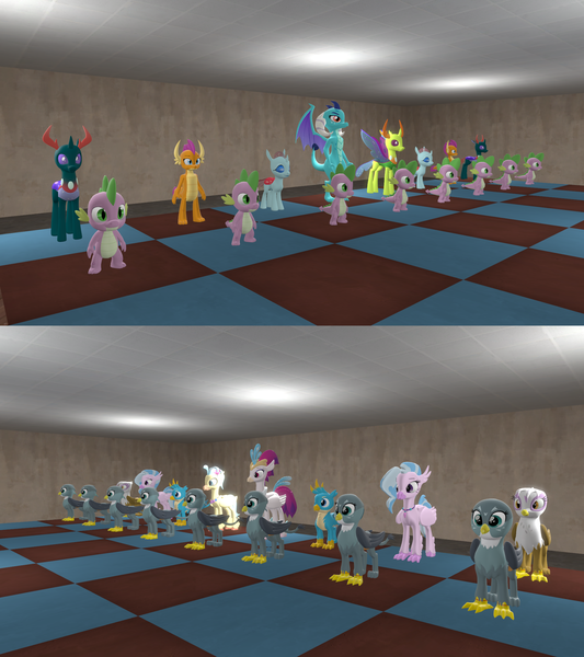 Size: 1901x2138 | Tagged: safe, artist:ponygamer2020, artist:ponygamersfm, derpibooru import, gabby, gallus, gilda, ocellus, pharynx, princess ember, princess skystar, queen novo, silverstream, smolder, spike, thorax, changedling, changeling, classical hippogriff, dragon, gryphon, hippogriff, my little pony: the movie, 3d, bishop, board, board game, chess, chess piece, chessboard, female, image, king, king thorax, knight, knight pony chess, looking at each other, looking at someone, male, pawn, png, queen, rook, source filmmaker