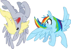 Size: 1281x879 | Tagged: safe, artist:kindalkaykay, derpibooru import, derpy hooves, rainbow dash, pegasus, pony, eyes closed, female, flying, image, mare, multicolored hair, png, rainbow hair, shocked, shrunken pupils, simple background, smiling, spread wings, transparent background, upside down, wings