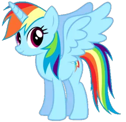 Size: 393x380 | Tagged: safe, derpibooru import, rainbow dash, alicorn, pony, alicornified, female, horn, image, mare, multicolored hair, png, race swap, rainbow hair, rainbowcorn, simple background, smiling, spread wings, transparent background, wings
