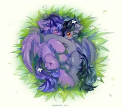 Size: 4212x3762 | Tagged: safe, artist:vanilla-chan, derpibooru import, oc, oc:scrimmy, oc:stargazermap, unofficial characters only, bat pony, pegasus, pony, bat pony oc, bat wings, cuddling, cute, duo, duo male, ethereal mane, fluffy, grass, grass field, hug, image, male, oc x oc, pegasus oc, png, shipping, spread wings, starry mane, wings