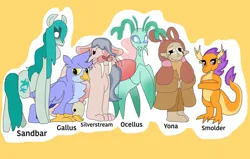 Size: 1122x712 | Tagged: safe, alternate version, artist:themaninstripes, derpibooru import, gallus, ocellus, sandbar, silverstream, smolder, yona, changedling, changeling, dragon, gryphon, kelpie, mantis, alternate universe, backähästen, bunyip, fae, hinterland, hinterlands, image, jpeg, multispecies, redesign, species swap, student six