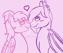 Size: 1280x1067 | Tagged: safe, artist:cherrycandi, derpibooru import, oc, oc:bea, oc:candy care, bat pony, pegasus, pony, bat wings, deviantart watermark, duo, ear piercing, fangs, female, floating heart, folded wings, heart, image, jpeg, lesbian, looking at each other, looking at someone, makeup, obtrusive watermark, piercing, simple background, watermark, wings