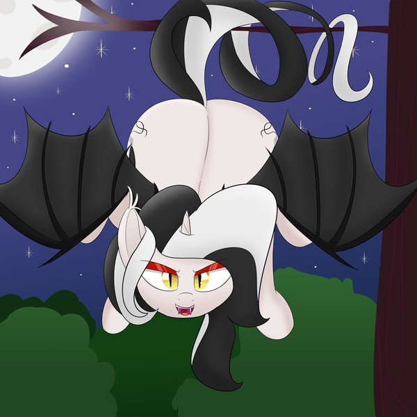 Size: 3000x3000 | Tagged: safe, artist:bestponies, derpibooru import, oc, oc:diamond horseshoe, unofficial characters only, bat pony, pony, unicorn, bat pony oc, bat wings, both cutie marks, dead tree, eyeshadow, fangs, female, hanging, hanging upside down, image, jpeg, looking at you, makeup, mare, moon, solo, stars, tree, upside down, wings, yellow eyes