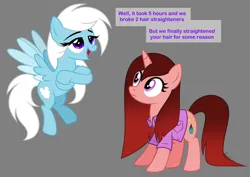 Size: 5500x3900 | Tagged: safe, artist:feather_bloom, derpibooru import, oc, oc:featherbloom, oc:paige scribble(kaitykat), pegasus, pony, unicorn, alternate hairstyle, clothes, flying, image, png, shirt