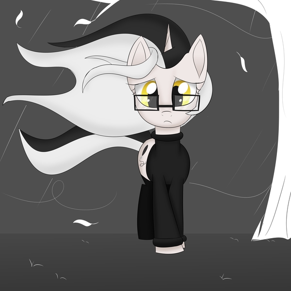 Size: 3000x3000 | Tagged: safe, artist:bestponies, derpibooru import, oc, oc:diamond horseshoe, pony, unicorn, clothes, dead tree, female, glasses, image, jpeg, leaves, looking down, mare, rain, sad, sad face, socks, solo, sweater, tree, vent art, wind, windswept hair, windswept mane, yellow eyes