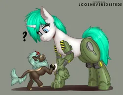 Size: 4093x3169 | Tagged: safe, artist:jcosneverexisted, derpibooru import, oc, oc:grease pan, oc:wind, unofficial characters only, cyborg, kirin, pony, unicorn, emery, female, image, jpeg, looking each other, mare