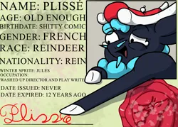 Size: 2100x1500 | Tagged: safe, artist:hemlock conium, derpibooru import, oc, oc:plisse, unofficial characters only, deer, reindeer, them's fightin' herds, antlers, community related, french, id card, image, joke oc, license, male, png, reindeer antlers, reindeer oc, simple shading, solo, them's fightin' herds oc