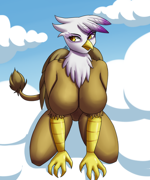 Size: 1500x1800 | Tagged: suggestive, artist:zachc, derpibooru import, gilda, anthro, gryphon, big breasts, breasts, busty gilda, cloud, featureless breasts, featureless crotch, female, huge breasts, image, kneeling, on a cloud, png, solo, solo female