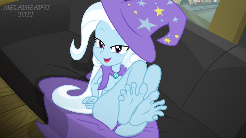 Size: 1280x720 | Tagged: suggestive, alternate version, artist:metalhead97, derpibooru import, trixie, equestria girls, equestria girls series, areola, barefoot, bedroom eyes, braless, breasts, cameltoe, cape, clothes, couch, feet, fetish, foot focus, hat, image, legs, legs in air, lidded eyes, looking at you, magician, magician outfit, panties, png, pose, presenting, show accurate, smiling, smiling at you, strategically covered, sultry pose, trixie's cape, trixie's hat, underwear