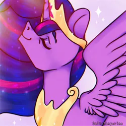 Size: 1280x1280 | Tagged: safe, artist:saltytangerine, derpibooru import, twilight sparkle, twilight sparkle (alicorn), alicorn, pony, crown, eyebrows, eyes closed, flowing mane, image, jewelry, jpeg, lidded eyes, necklace, purple background, regalia, simple background, smiling, solo, sparkles, spread wings, wings