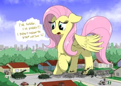 Size: 2883x2043 | Tagged: safe, artist:qkersnll, derpibooru import, fluttershy, human, pegasus, pony, city, crushing, destruction, female, giant pony, giantess, high res, hoofprints, houses, image, macro, mare, png, raised hoof, tank (vehicle)