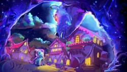 Size: 1280x720 | Tagged: artist needed, safe, derpibooru import, trixie, bear, unicorn, ursa, ursa major, angry, art, beautiful, blue skin, cape, clothes, cloud, cloudy, door, glow, glowing eyes, grass, grin, hat, horn, house, image, jpeg, light, night, ponyville, purple hair, purple mane, purple tail, smiling, stairs, stars, tail, trixie's hat, window