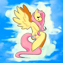 Size: 850x850 | Tagged: safe, artist:chotpot, derpibooru import, fluttershy, pegasus, pony, eyes closed, image, png, sky background, solo