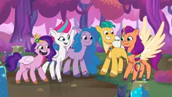 Size: 3410x1920 | Tagged: safe, derpibooru import, screencap, hitch trailblazer, izzy moonbow, pipp petals, sunny starscout, zipp storm, alicorn, bird, earth pony, pegasus, pigeon, pony, unicorn, my little pony: a new generation, my little pony: tell your tale, spoiler:g5, spoiler:my little pony: tell your tale, spoiler:tyts01e24, female, g5, grin, high res, image, jpeg, male, mane five (g5), mare, open mouth, open smile, race swap, smiling, spread wings, stallion, starscout code, sunnycorn, wings, youtube link