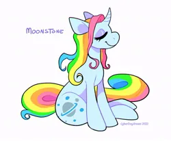Size: 850x700 | Tagged: safe, artist:chotpot, artist:cyberdaydream, derpibooru import, moonstone, pony, unicorn, eyes closed, g1, image, jpeg, multicolored hair, rainbow hair, rainbow tail, simple background, solo, tail, white background