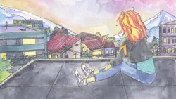 Size: 1476x830 | Tagged: safe, artist:somescallywag, derpibooru import, sunset shimmer, equestria girls, cropped, image, looking away, png, rooftop, sitting, solo, traditional art, watercolor painting