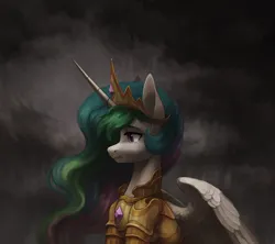 Size: 2173x1931 | Tagged: safe, alternate version, artist:koviry, derpibooru import, princess celestia, alicorn, pony, armor, bust, crown, crying, fantasy class, female, gritted teeth, image, jewelry, jpeg, mare, portrait, profile, regalia, solo, teeth, warrior, warrior celestia