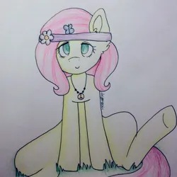 Size: 1024x1024 | Tagged: safe, artist:misocosmis, derpibooru import, fluttershy, pony, 2013, female, hippie, hippieshy, image, jpeg, mare, old art, peace symbol, pencil drawing, solo, traditional art