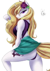 Size: 2480x3508 | Tagged: suggestive, artist:gabocomics, derpibooru import, oc, oc:winthria siriusa, unofficial characters only, anthro, unicorn, arm behind head, ass, bikini, blonde mane, blonde tail, breasts, butt, cameltoe, clothes, commission, cutie mark, ears up, eyelashes, flower, flower in hair, grin, horn, image, long mane, looking at you, monokini, png, pose, purple bikini, purple eyes, raised leg, sarong, seductive look, seductive pose, sideboob, simple background, smiling, solo, standing, swimsuit, tail, teeth, thighs, transparent background, white coat, ych result