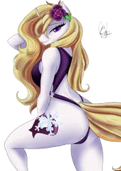 Size: 2480x3508 | Tagged: suggestive, alternate version, artist:gabocomics, derpibooru import, oc, oc:winthria siriusa, unofficial characters only, anthro, unicorn, arm behind head, ass, bikini, blonde mane, blonde tail, breasts, butt, cameltoe, clothes, commission, cutie mark, ears up, eyelashes, flower, flower in hair, grin, horn, image, long mane, looking at you, monokini, png, pose, purple bikini, purple eyes, raised leg, seductive look, seductive pose, sideboob, simple background, smiling, solo, standing, swimsuit, tail, teeth, thighs, transparent background, white coat, ych result