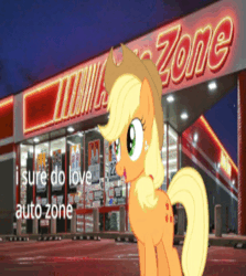 Size: 362x406 | Tagged: safe, artist:lux mare, derpibooru import, fifteen.ai, machine learning assisted, applejack, pony, autozone, food, image, mcdonald's, needs more jpeg, solo, sweet apple acres, webm