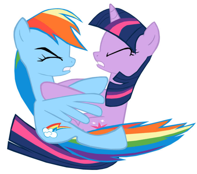 Size: 724x642 | Tagged: safe, artist:benpictures1, derpibooru import, rainbow dash, twilight sparkle, pegasus, pony, unicorn, a dog and pony show, crashing, cute, dashabetes, duo, duo female, eyes closed, female, image, inkscape, png, simple background, teeth, twiabetes, unicorn twilight, vector