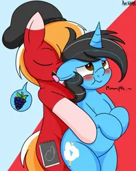 Size: 1573x1983 | Tagged: suggestive, artist:an-tonio, derpibooru import, oc, oc:cold dream, oc:gray sketch, unofficial characters only, earth pony, pony, unicorn, beanie, blushing, coat markings, duo, duo male, ear licking, eyebrows, eyes closed, floppy ears, gay, hat, horn, image, jpeg, licking, male, open mouth, open smile, signature, smiling, socks (coat marking), stallion, tongue out