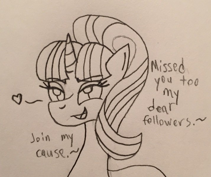 Size: 1898x1594 | Tagged: safe, artist:lunahazacookie, derpibooru import, starlight glimmer, pony, unicorn, bedroom eyes, bust, eyelashes, female, heart, image, jpeg, lineart, mare, solo, talking, traditional art