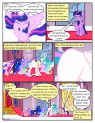 Size: 612x792 | Tagged: safe, artist:newbiespud, derpibooru import, edit, edited screencap, screencap, princess cadance, princess celestia, princess luna, twilight sparkle, twilight sparkle (alicorn), alicorn, pony, comic:friendship is dragons, comic, dialogue, ethereal mane, facehoof, female, glow, glowing horn, hoof shoes, horn, image, indoors, jewelry, mare, peytral, png, screencap comic, starry mane, tiara