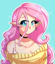 Size: 1800x2110 | Tagged: safe, artist:ashes-arts, derpibooru import, fluttershy, human, blue background, bra, bra strap, breasts, bust, busty fluttershy, choker, cleavage, clothes, elf ears, humanized, image, outline, png, simple background, smiling, solo, underwear, white outline