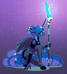 Size: 1640x1814 | Tagged: safe, artist:lrusu, derpibooru import, princess luna, alicorn, anthro, unguligrade anthro, alternate hairstyle, boob window, clothes, dock, fingerless gloves, glaive, gloves, image, jpeg, long gloves, midriff, solo, tail