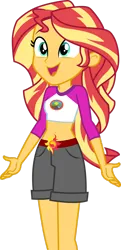 Size: 1280x2648 | Tagged: safe, artist:cloudyglow, derpibooru import, edit, vector edit, sunset shimmer, equestria girls, legend of everfree, .ai available, absurd resolution, belly button, camp everfree outfits, clothes, embrace the magic, image, legs, midriff, open mouth, png, shorts, simple background, solo, transparent background, vector