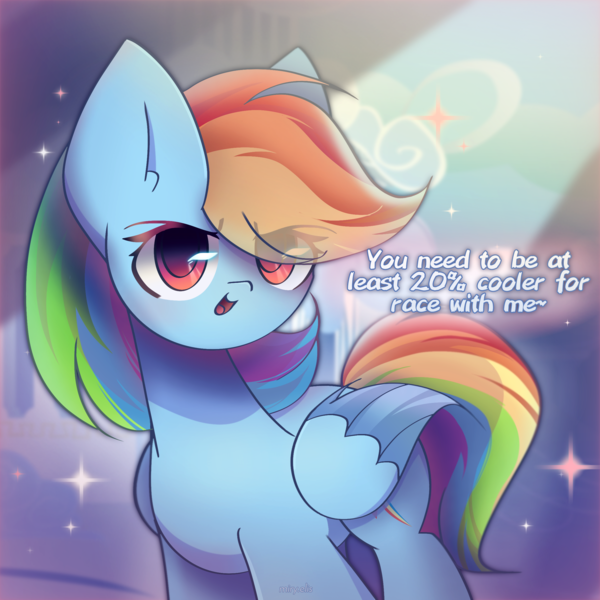 Size: 2350x2350 | Tagged: safe, artist:miryelis, derpibooru import, rainbow dash, pegasus, pony, commission, dialogue, eye clipping through hair, image, looking at you, multicolored hair, png, rainbow hair, simple background, smiling, smiling at you, solo, sparkles, text, wings