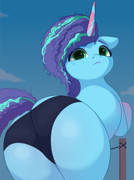 Size: 3200x4300 | Tagged: questionable, alternate version, artist:nording34, derpibooru import, pony, unicorn, g5, butt, clothes, female, freckles, image, large butt, looking at you, looking back, looking back at you, mare, misty brightdawn, panties, png, solo, solo female, the ass was fat, underwear