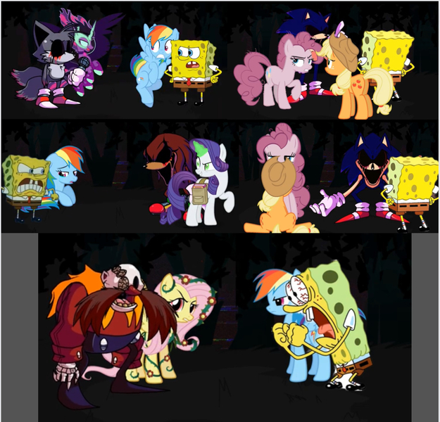 Size: 1175x1128 | Tagged: safe, derpibooru import, applejack, fluttershy, pinkie pie, rainbow dash, rarity, alicorn, earth pony, pegasus, pony, unicorn, corrupted, corrupted twilight sparkle, doctor eggman, friday night funkin', image, jpeg, knuckles exe, knuckles the echidna, miles "tails" prower, pinkamena diane pie, robotnik exe, sonic the hedgehog, sonic the hedgehog (series), sonic.exe, spongebob squarepants, spongebob squarepants (character), tails exe, triple trouble, twivine sparkle, youtuber:thewizardpony