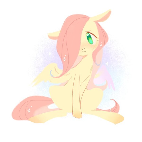 Size: 750x750 | Tagged: safe, artist:dreamsugar, derpibooru import, fluttershy, pegasus, pony, abstract background, female, hair over one eye, image, jpeg, mare, simple background, sitting, solo, sparkles, spread wings, white background, wings