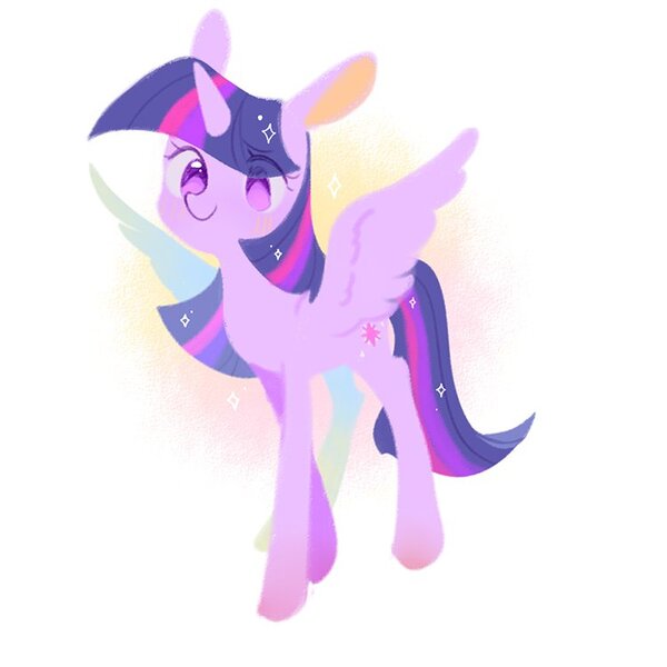 Size: 750x750 | Tagged: safe, artist:dreamsugar, derpibooru import, twilight sparkle, twilight sparkle (alicorn), alicorn, pony, abstract background, eye clipping through hair, female, horn, image, jpeg, mare, simple background, solo, sparkles, spread wings, white background, wings