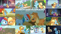 Size: 1968x1108 | Tagged: safe, derpibooru import, edit, edited screencap, editor:quoterific, screencap, applejack, pinkie pie, rainbow dash, rarity, bee, earth pony, insect, pegasus, pony, unicorn, castle mane-ia, fall weather friends, non-compete clause, season 1, season 4, season 8, the ticket master, triple pony dare ya, spoiler:s08, image, png