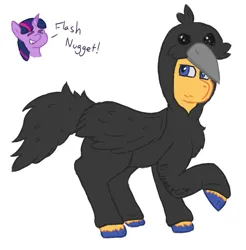 Size: 1009x1024 | Tagged: safe, artist:lil_vampirecj, derpibooru import, flash sentry, twilight sparkle, alicorn, bird, crow, pegasus, pony, crow onesie, embarrassed, image, onesie, png, shy, simple background, white background