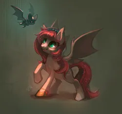 Size: 4029x3748 | Tagged: safe, artist:erinliona, derpibooru import, oc, oc:strawberry glimmer, unofficial characters only, bat, bat pony, pony, bat pony oc, bat wings, female, high res, image, jpeg, looking at each other, looking at someone, mare, solo, spread wings, wings