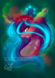 Size: 2480x3508 | Tagged: safe, artist:wilvarin-liadon, derpibooru import, queen chrysalis, changeling, changeling queen, blushing, bust, fangs, female, floral head wreath, flower, high res, image, jpeg, patreon, portrait, solo, watermark